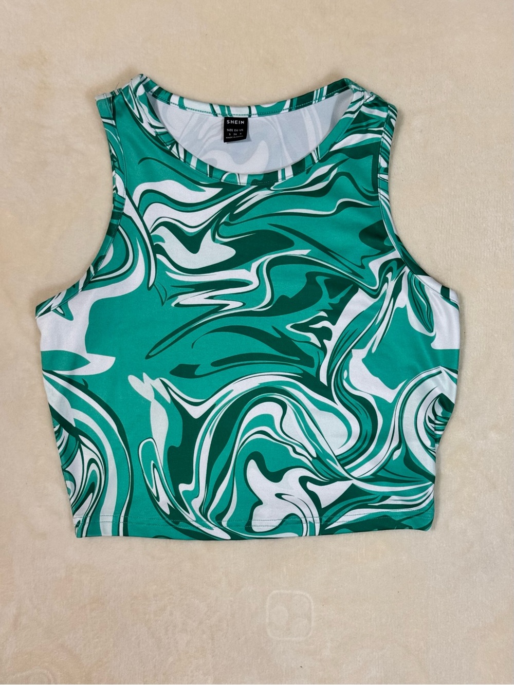 Green & White Marble-Print Crop Tank